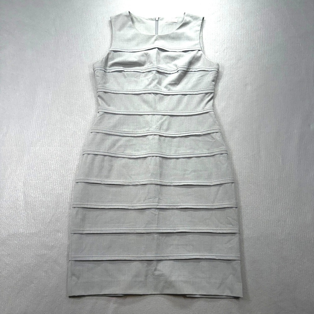 Calvin Klein Sheath Dress Womens 10 Gray Tiered Pleated Sleeveless Bandage Style